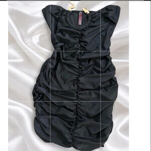 Y2K fashion Black Ruched Dress with golden snake embellishment at the bust line